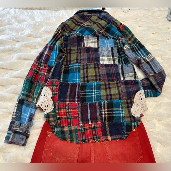 We The Free “Lost in Plaid” Patchwork Flannel Plaid Top with Lace Crochet Sides - Picture 16 of 16